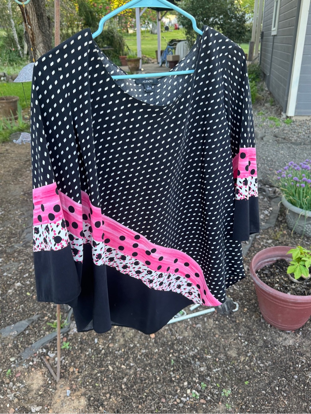 Alfani Black Top with Hot Pink Polka Dot Trim